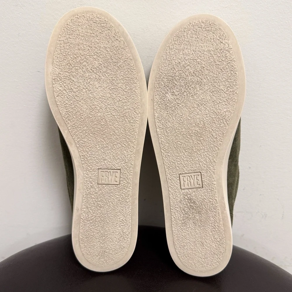Frye Forest Green Suede Lena Zip Up Slip On Low Ivory Trim Top Sneaker 8 8M
